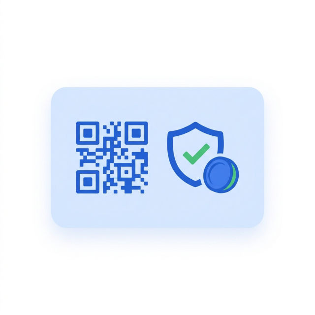 Illustration: a QR code beside a shield with a check mark and a coin — secure one-time payment.
