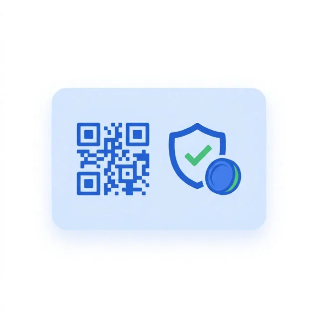 Illustration: a QR code beside a shield with a check mark and a coin — secure one-time payment.