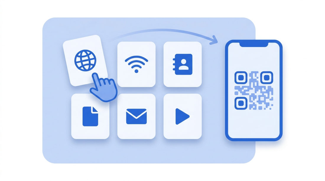 Illustration of QR code types: website, Wi-Fi, vCard, PDF, email and video tiles next to a phone showing a QR code.