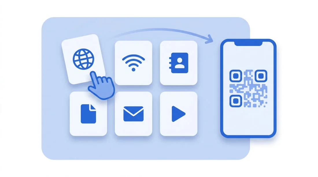 Illustration of QR code types: website, Wi-Fi, vCard, PDF, email and video tiles next to a phone showing a QR code.
